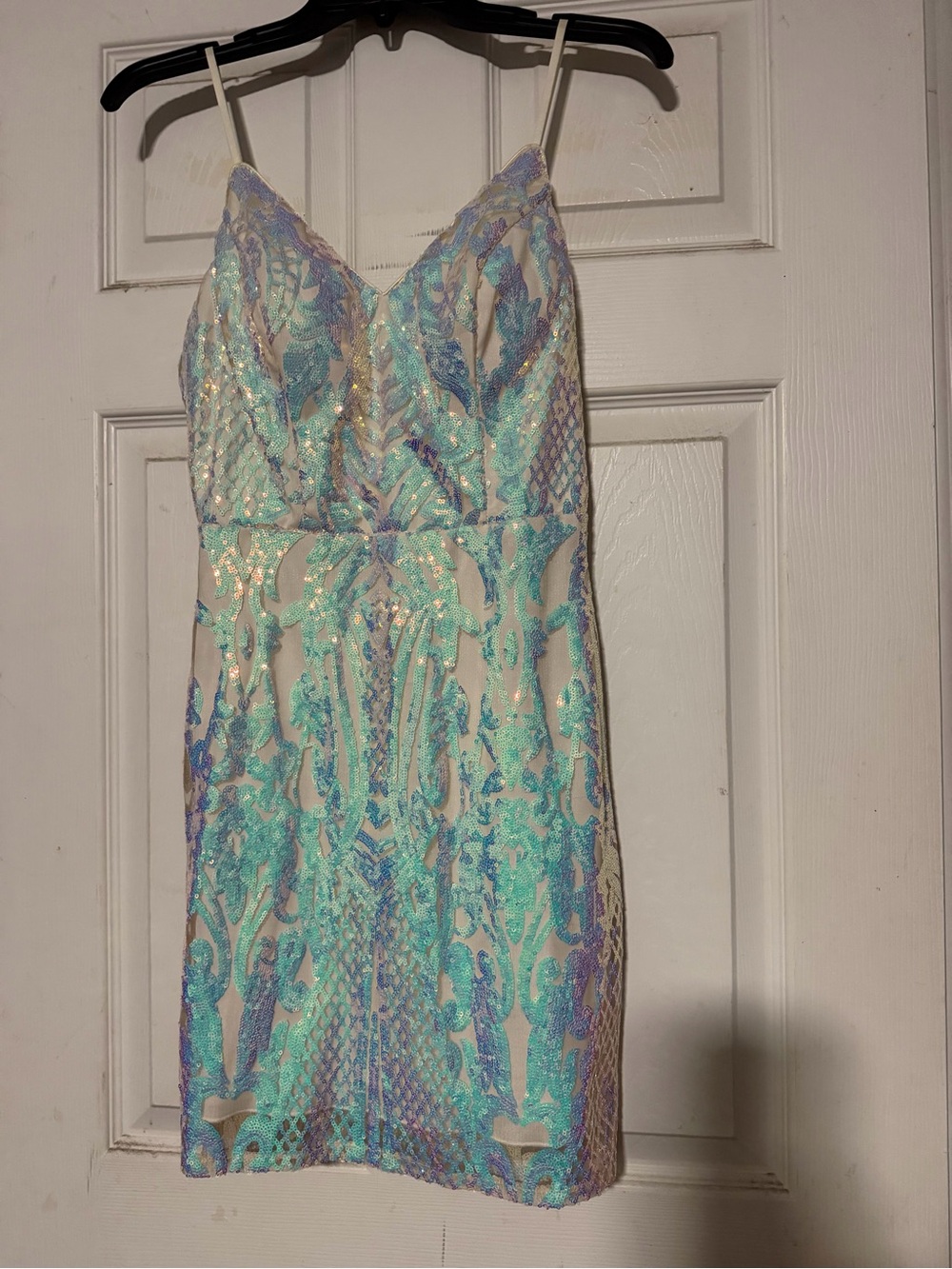Iridescent Aqua & White Sequin Spaghetti Strap Dress